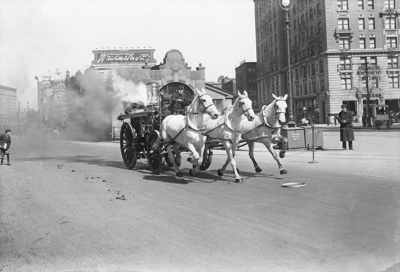 Horse-Drawn Fire Engine At 72Nd Street And Broadway, New York City, 1910