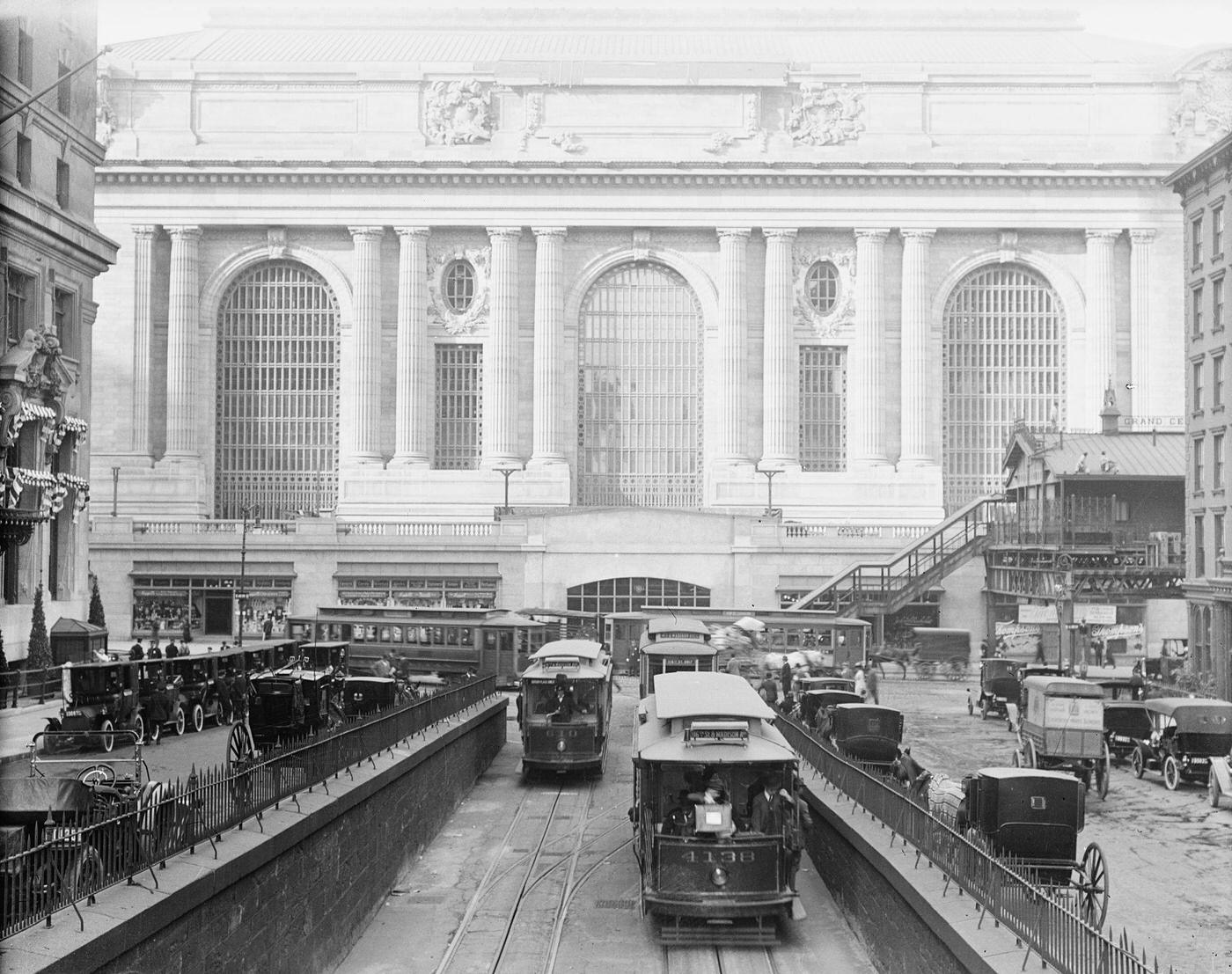 Grand Central Railroad Terminal Exterior, Seen From The Trolley And Auto Overpass, New York City, 1913