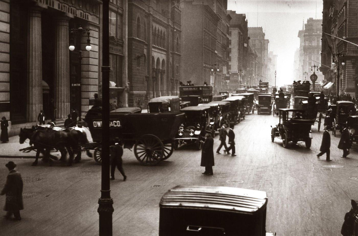 Turn Of 20Th Century Street Scene With Pedestrians, Horses, Wagons, Traffic, Policeman, Manhattan, New York City, 1910