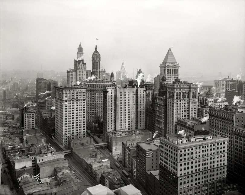 Big Buildings Of Lower Manhattan, New York City, 1912. Notable Skyscrapers (In A Scene Last Glimpsed Here) Include The Woolworth Tower (Under Construction), The Singer Building And The Bankers Trust Pyramid.