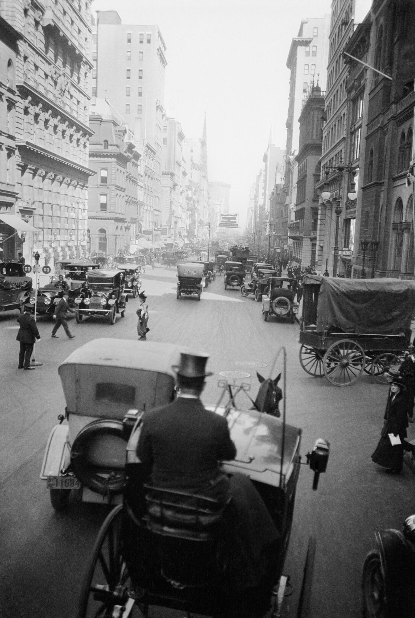 5Th Avenue At 43Rd Looking North, Cars, Wagons, Pedestrians, Hansom Cab, Driver In Top Hat, New York City, 1910S