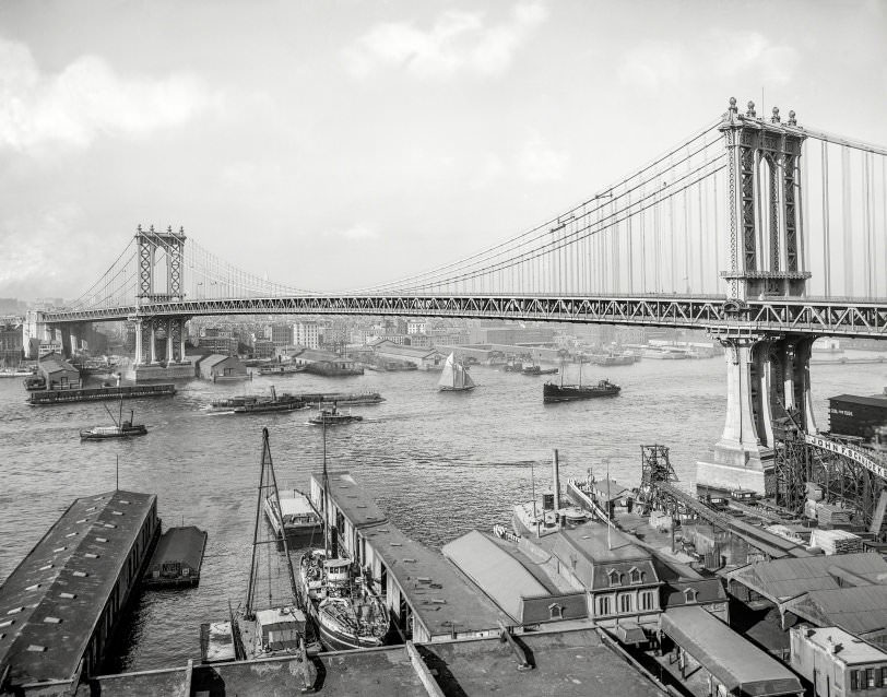 Manhattan Bridge And East River From Brooklyn, New York City, 1910