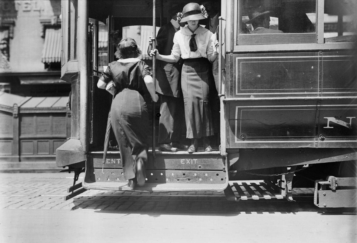 Two Women On Trolley Car, Broadway, New York City, 1915