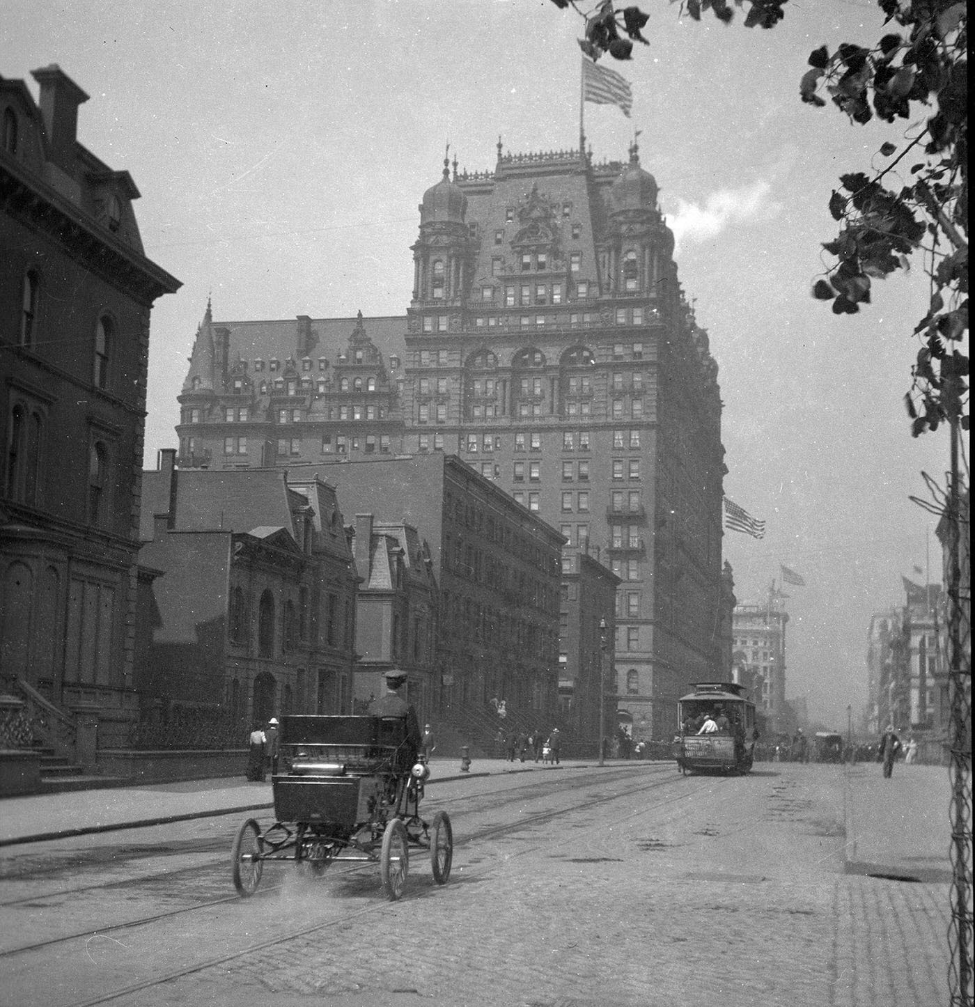 34Th Street Looking West Toward The Waldorf Astoria On Fifth Avenue, Early Automobile In Foreground, New York City, 1915