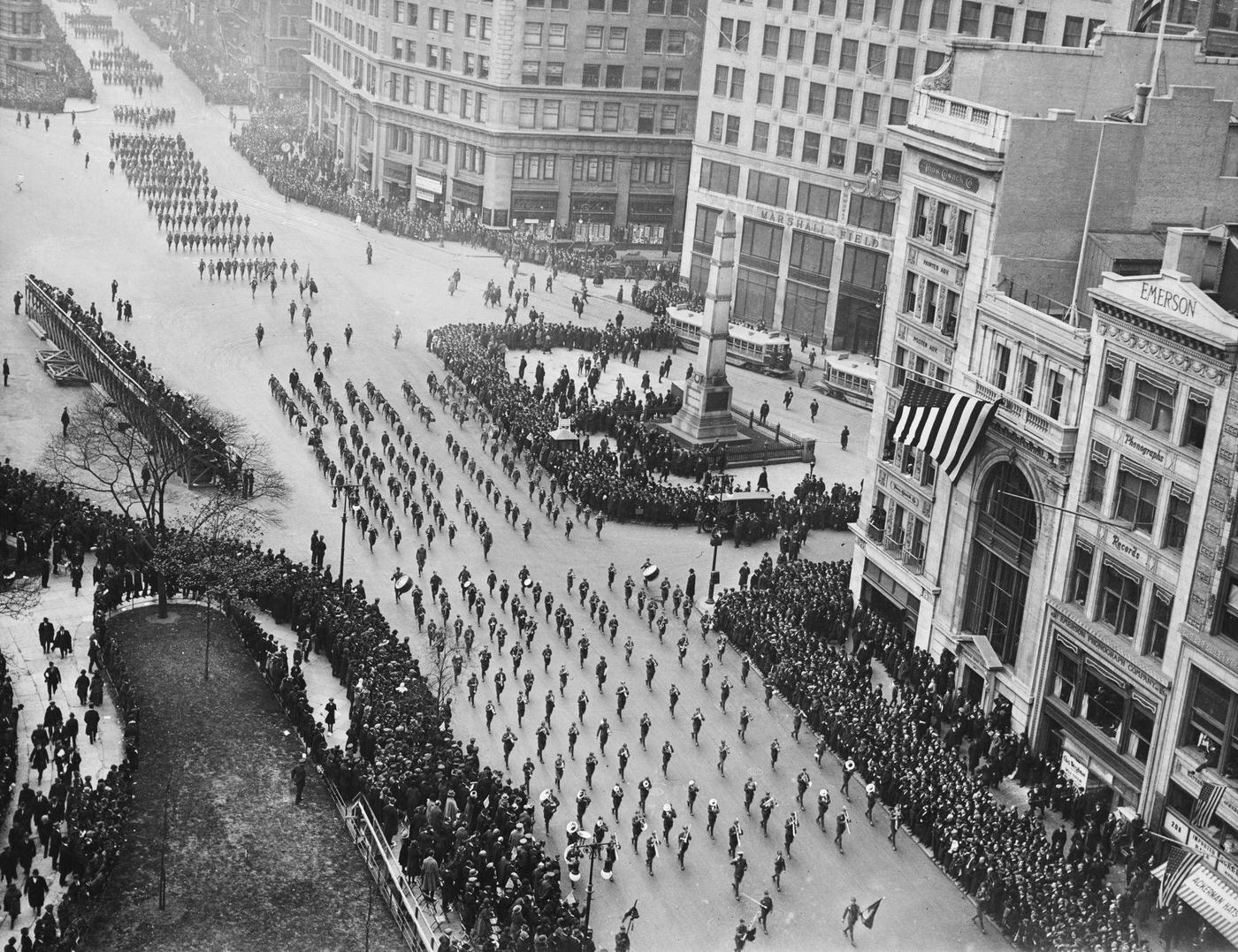 High-Angle View Of The Armistice Parade At The General William Jenkins Worth Monument, Manhattan, New York City, 1918