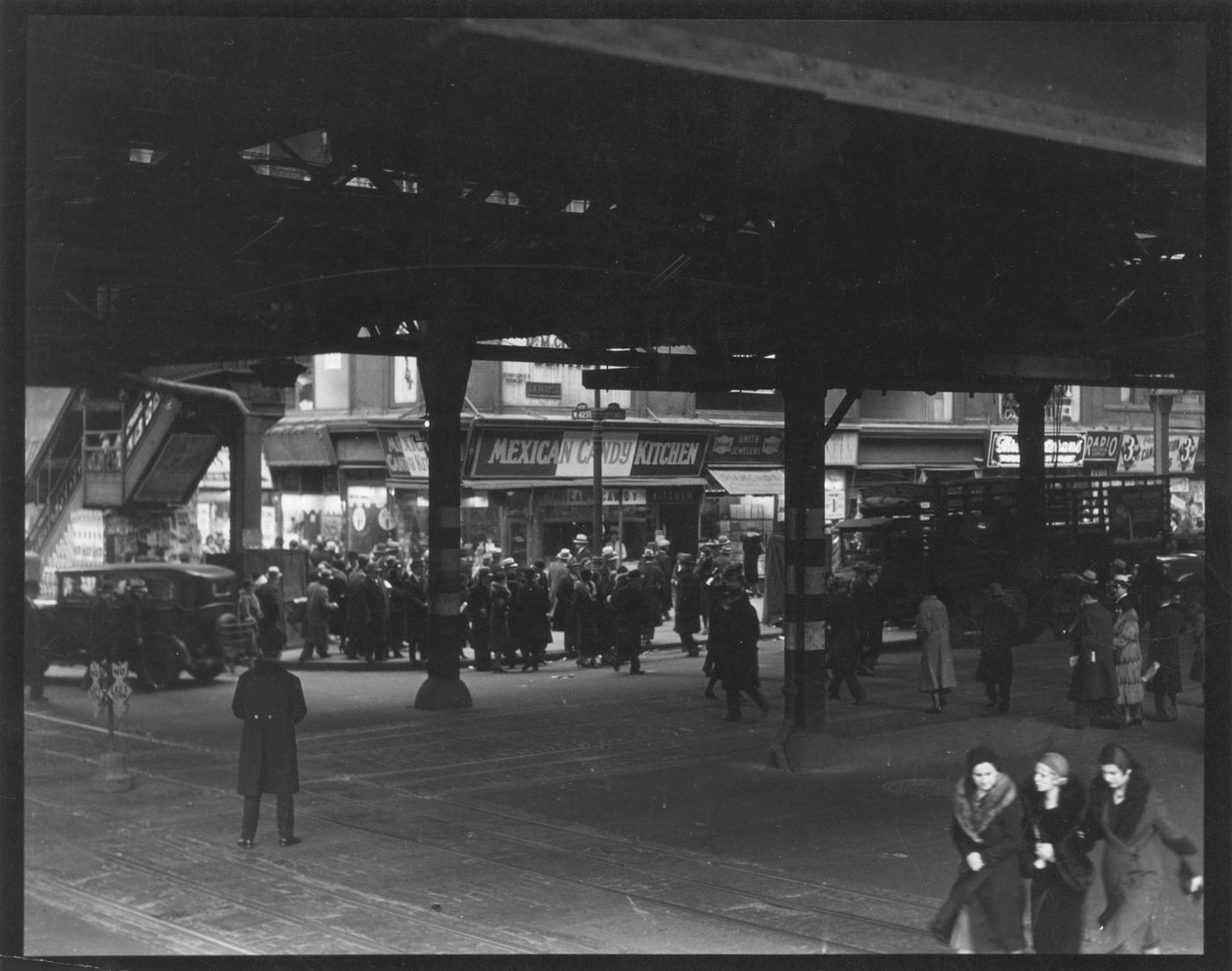 Sixth Avenue And 42Nd Street Under Elevated Railroad, Mexican Candy Kitchen On Corner, Manhattan, 1929