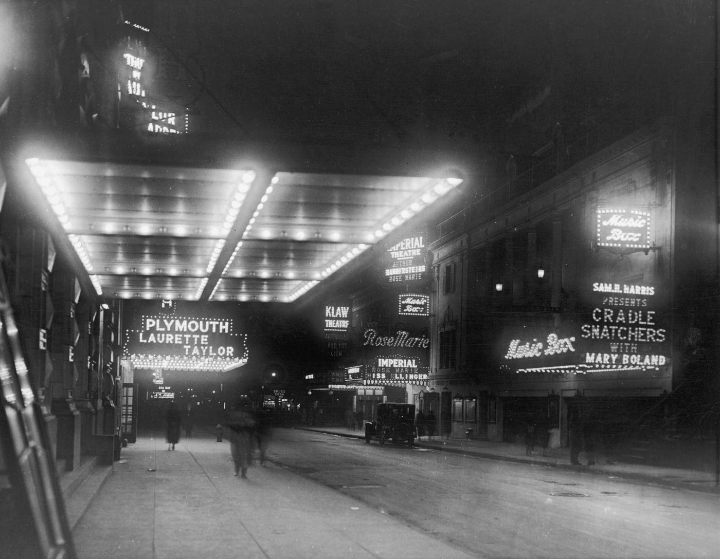 Broadway By Night, View Of Marquees For Various Theaters, Times Square, Manhattan, 1925.