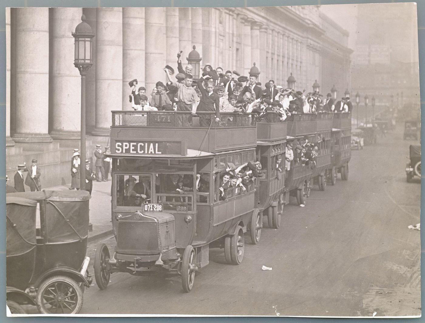 School Boys Riding In Double Decker Bus Passing Pennsylvania Station, Manhattan, 1920S.