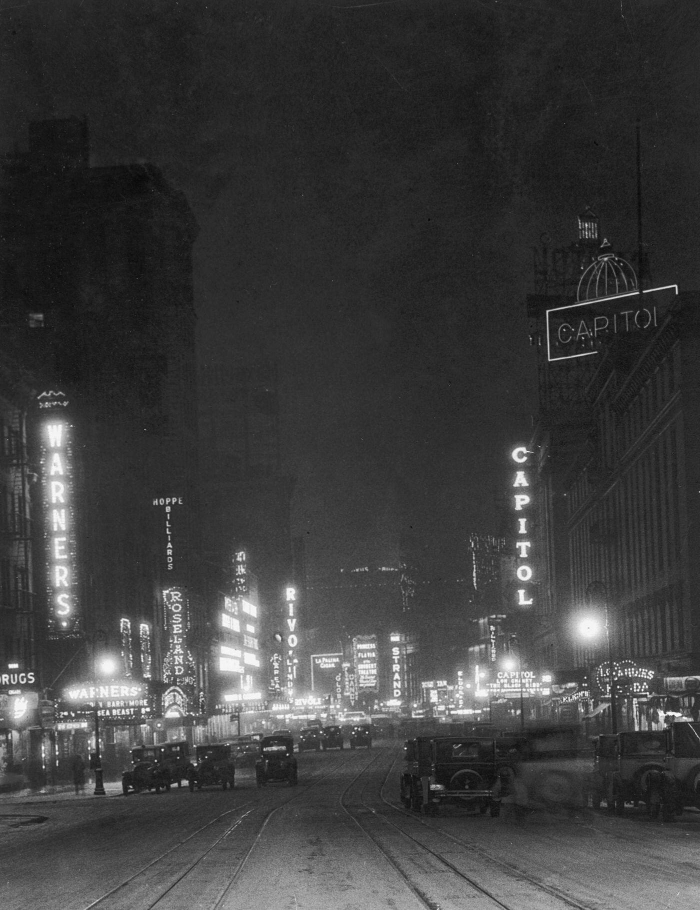 Time Square By Night, View Of Theater Marquees Lit Up, Manhattan, 1926.