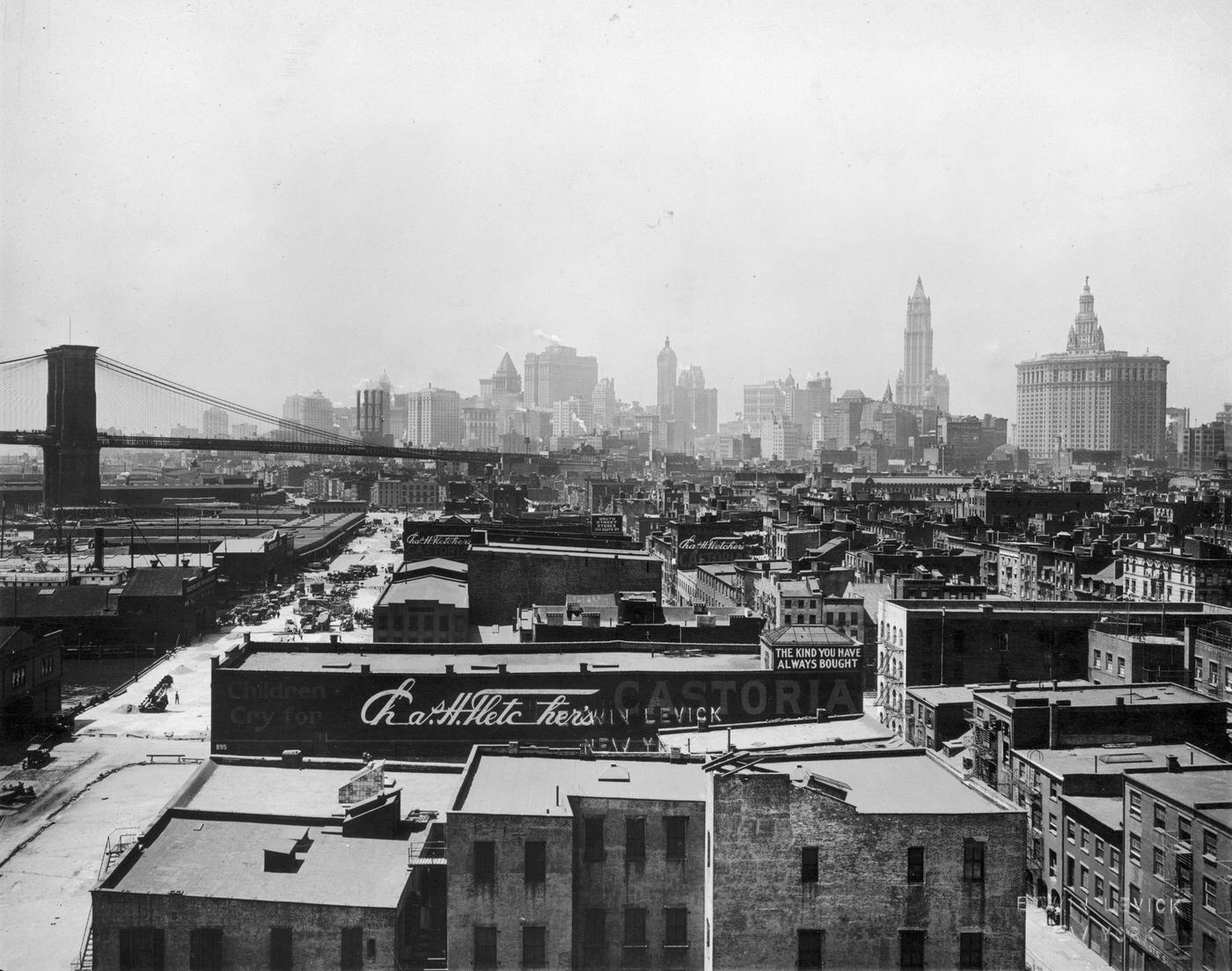 View Of South Street Seaport And The Brooklyn Bridge, Lower Manhattan, 1920.