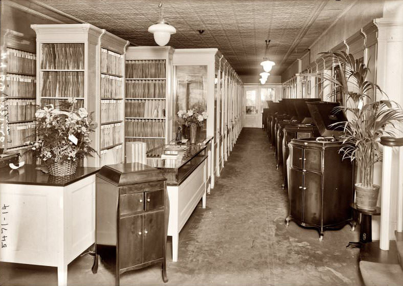Waldman'S Music Store In Manhattan, 1921, Showing Records, Listening Booths, And Victrolas.