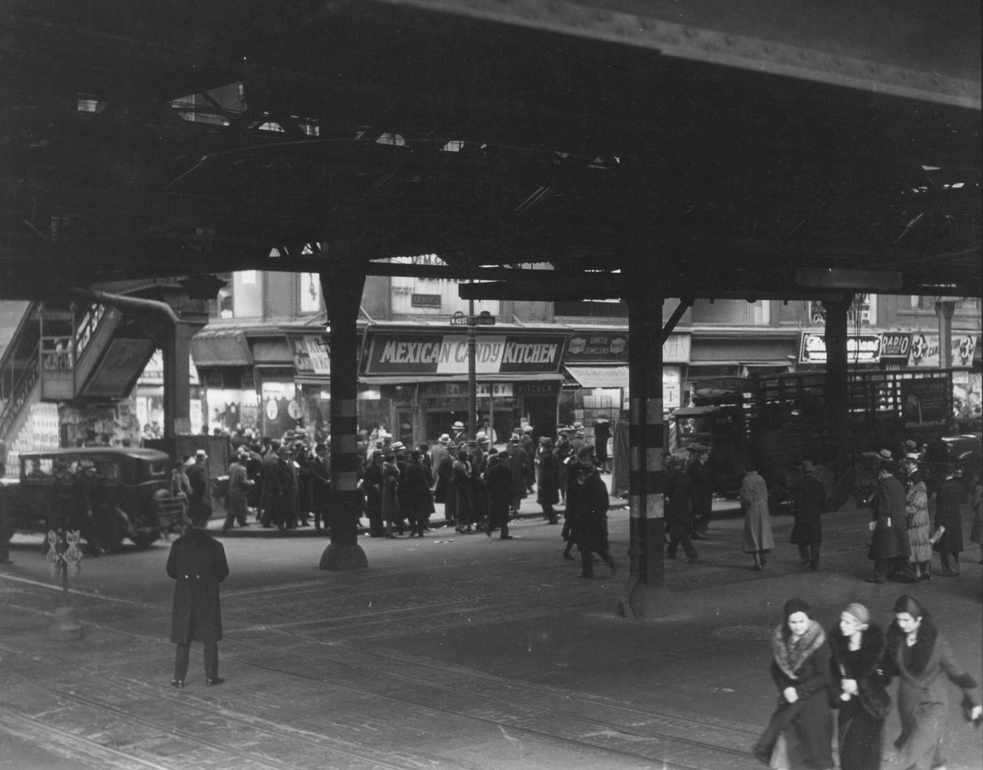 Sixth Avenue And 42Nd Street, Under Elevated Railroad, Mexican Candy Kitchen On Corner, Manhattan, 1929.