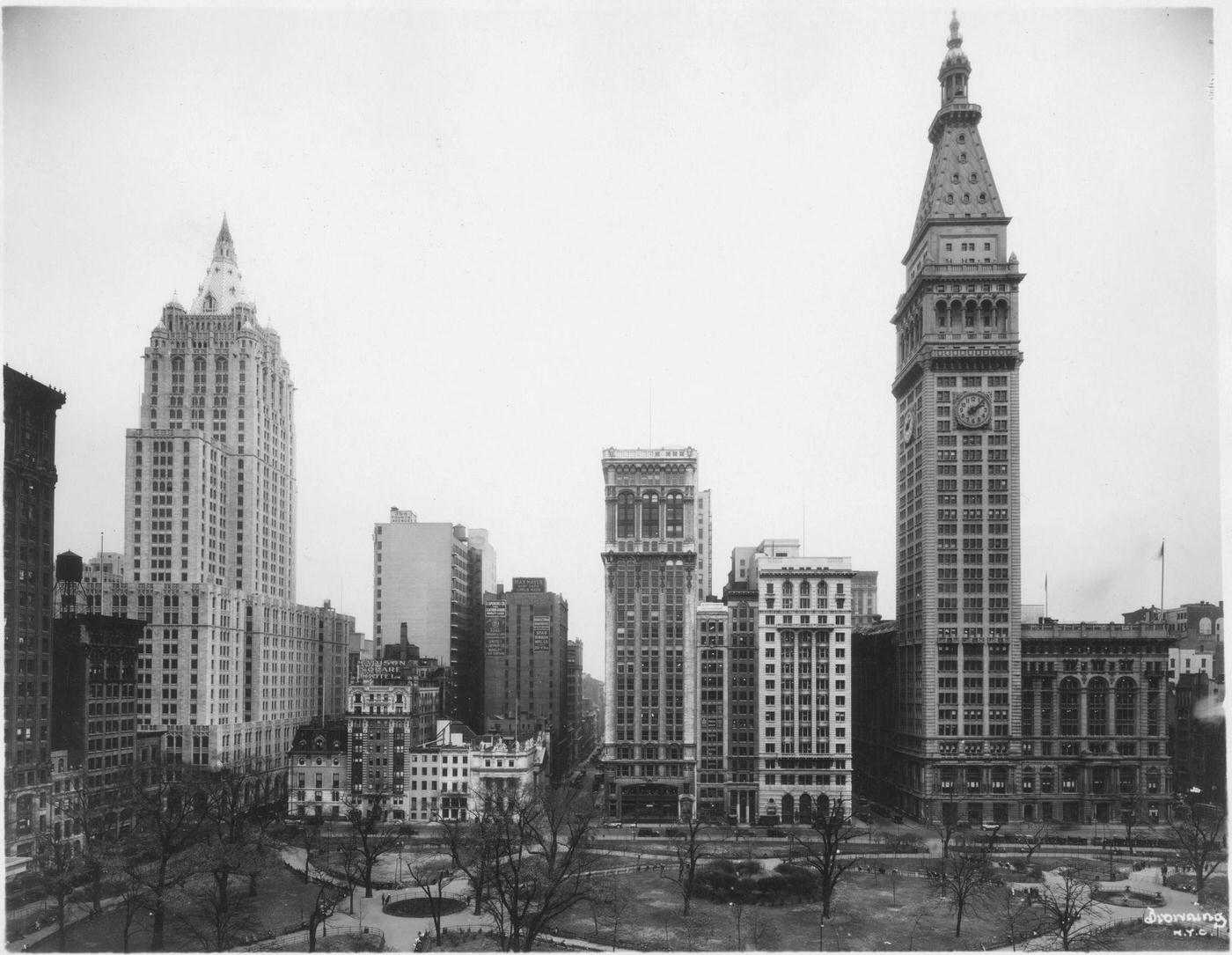 New York Life And Met Life, View East From Madison Square Park, Manhattan, 1929.