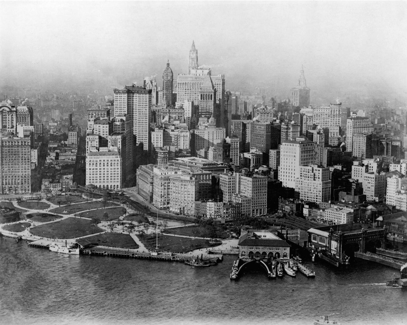 Lower Manhattan Skyline, Aerial View From Upper New York Bay, New York City, 1923.
