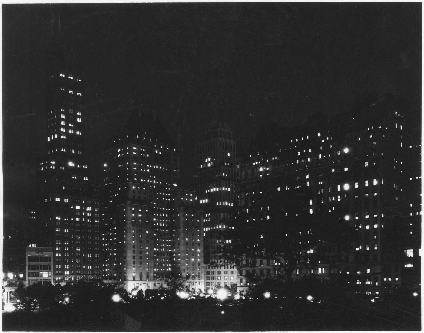 Skyline At Night, From Southeast Corner Of Central Park, New York City, 1929.