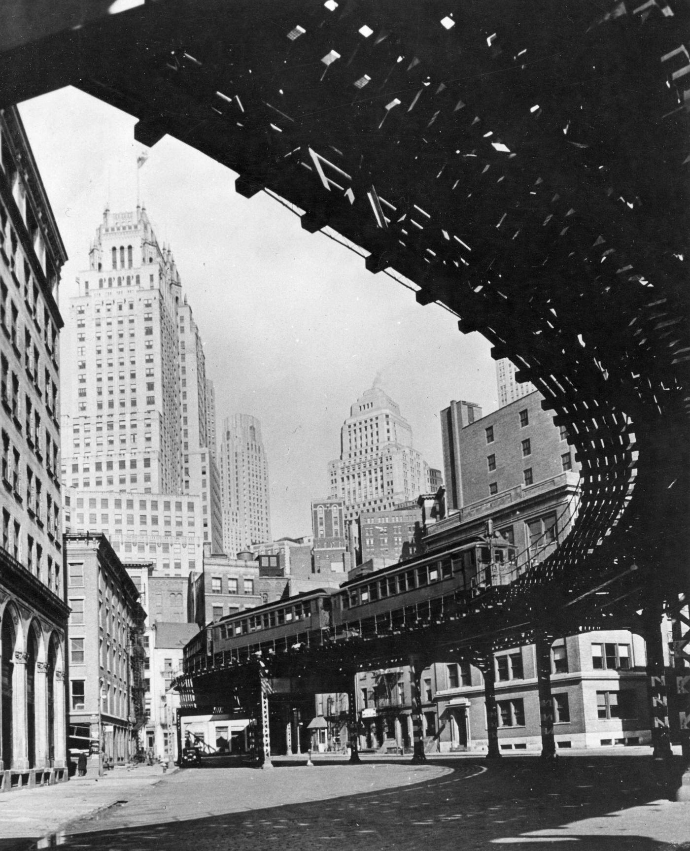 Street-Level View of Third Avenue Elevated Railway, Coenties Slip Curve, Manhattan, 1930s