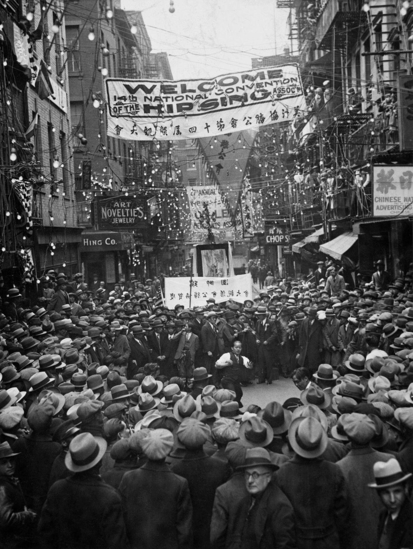 Gathering Outside Hip Sing Association Headquarters in Chinatown, Manhattan, 1931