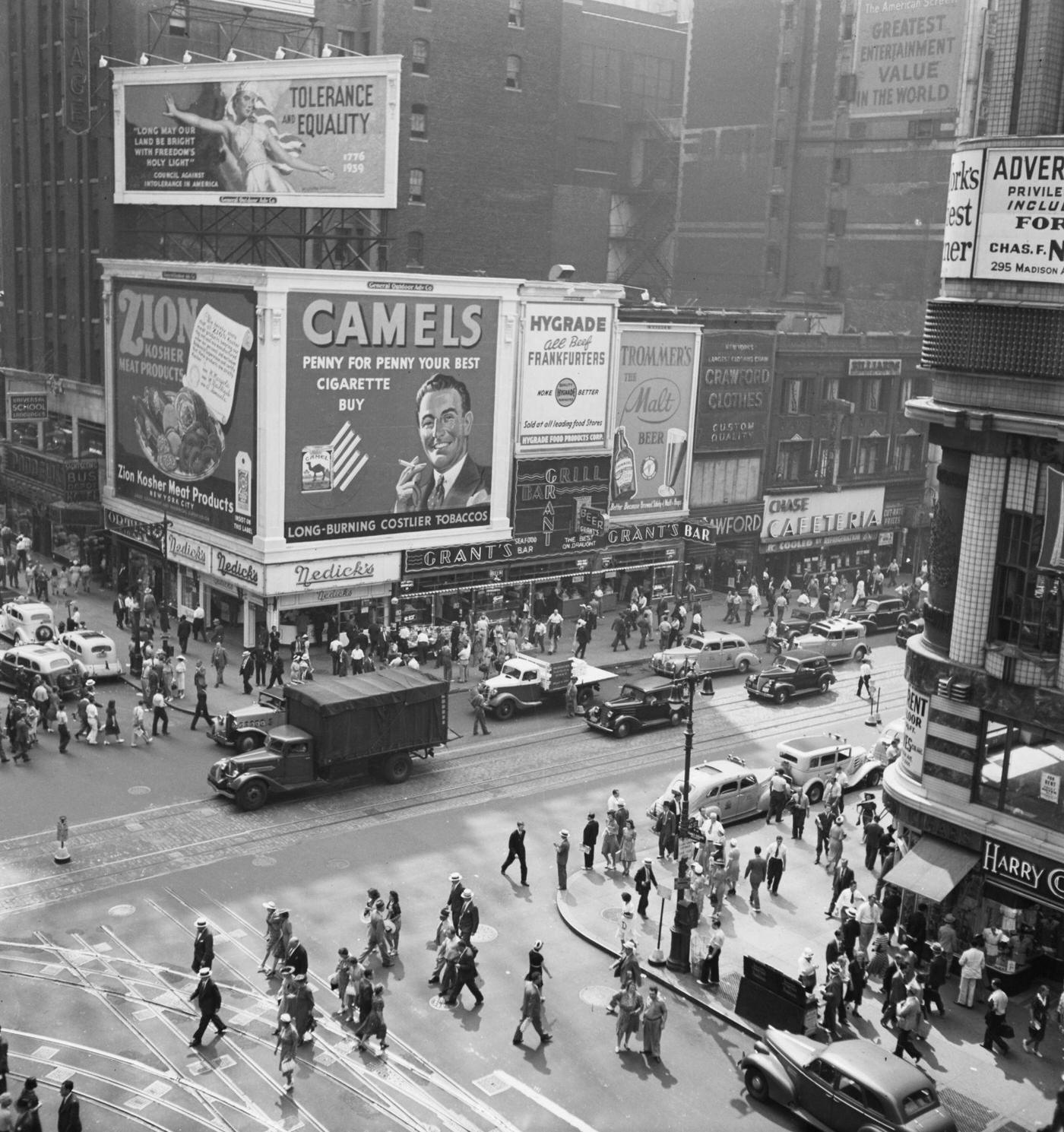 Billboards On Times Square, Including An Advertisement For Camels Cigarettes, Manhattan, 1939.