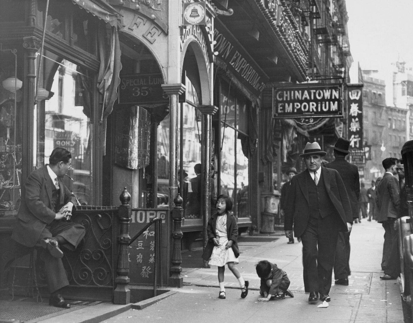 Pedestrians Outside The Port Arthur Restaurant On Mott Street, Chinatown, Lower Manhattan, Manhattan, 1935.