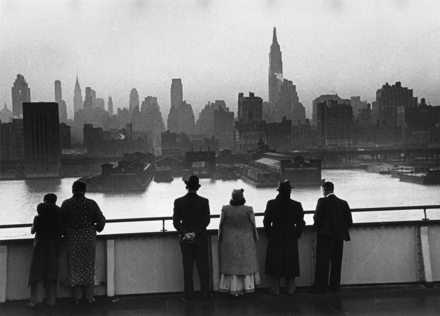 Passengers On Board The Cunard White Star Liner Queen Mary View The New York Skyline, Manhattan, 1939.