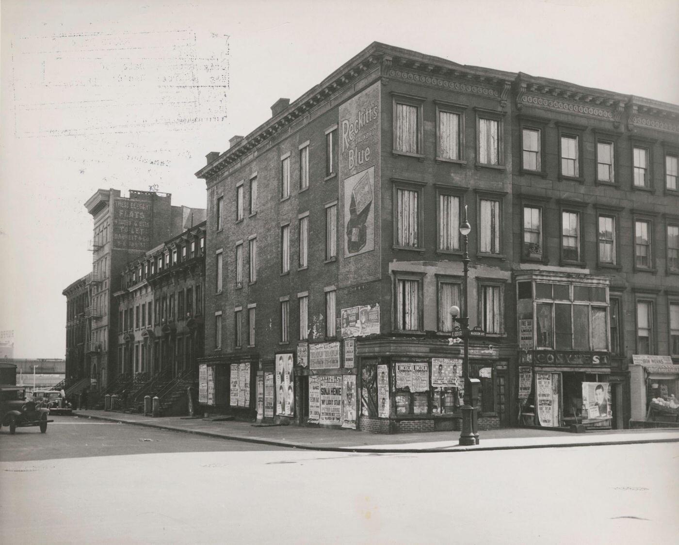 Boarded Residential Building On The Corner Of Madison Avenue And East 133Rd Street, Harlem, Manhattan, 1938.