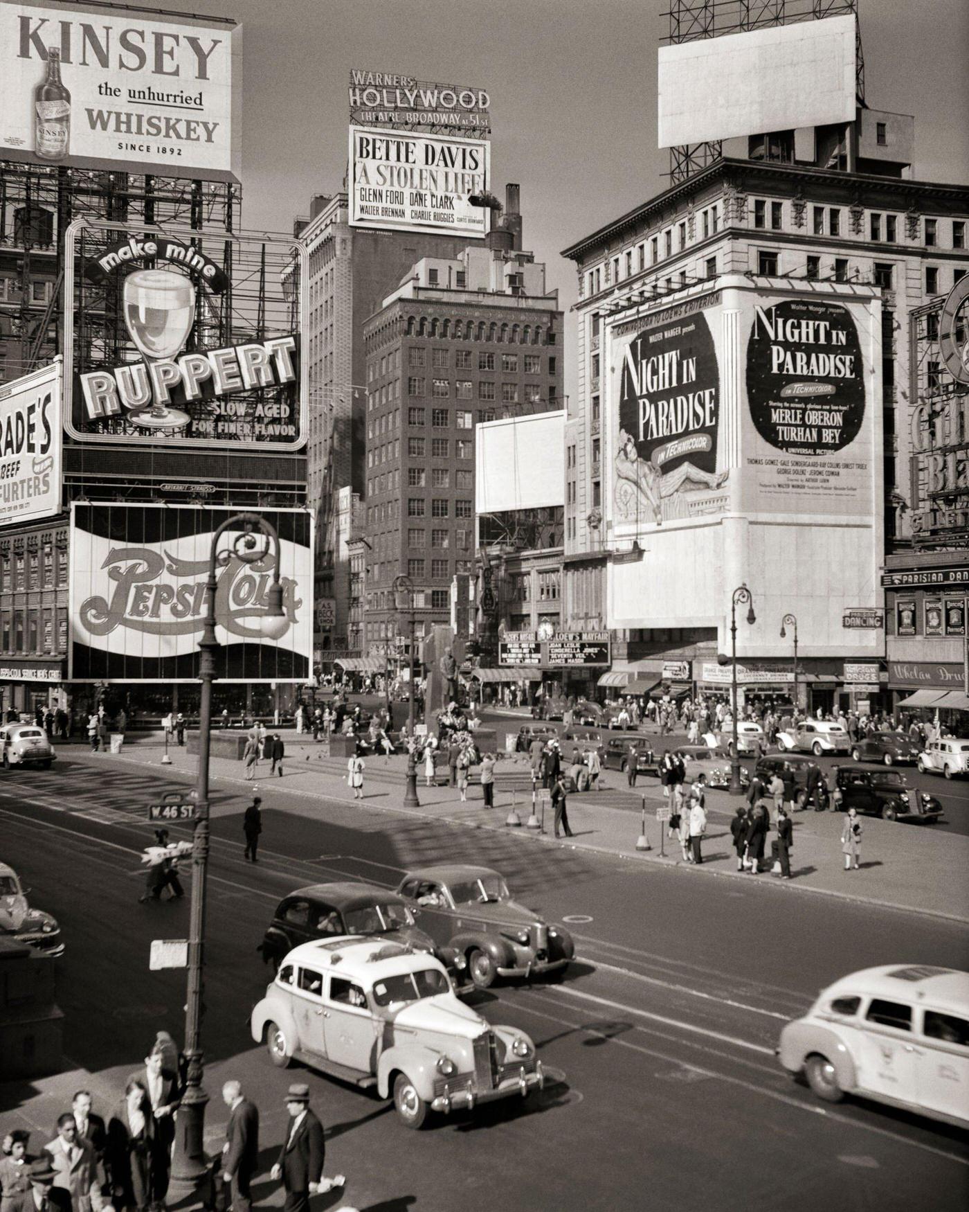 Duffy Square Part Of Times Square, Gaudy Signs For Beverages Movies Confront Pedestrians Cars Taxis, Manhattan, 1930S