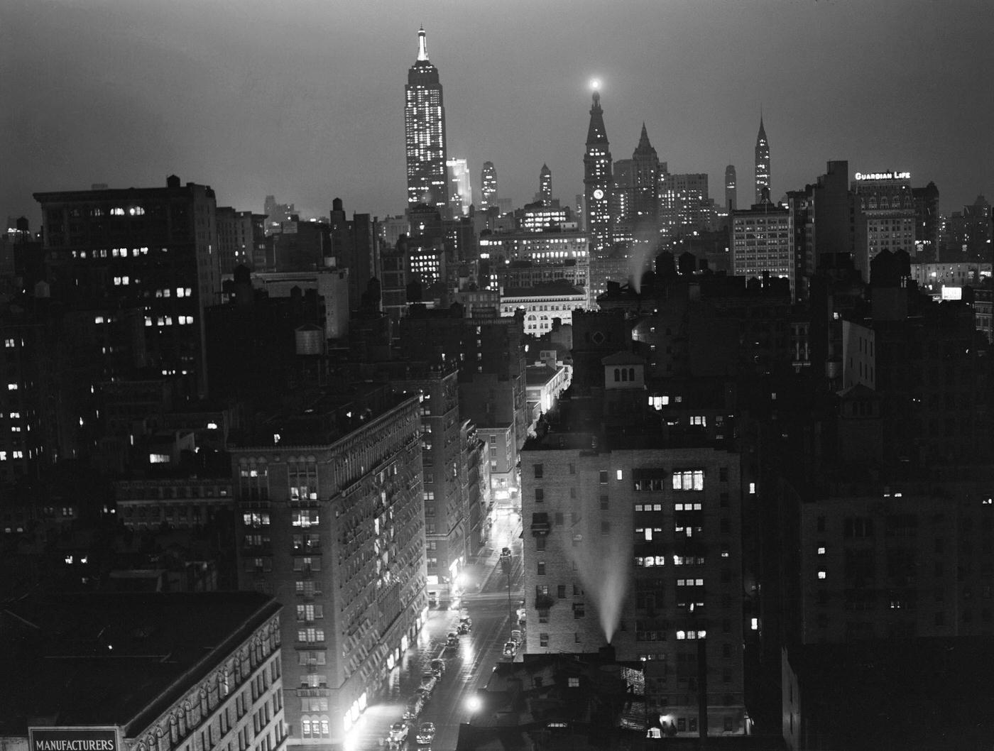 Cityscape At Night, View Looking North From University Place, New York City, 1939