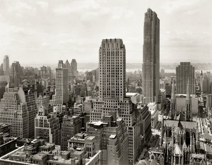 Midtown Manhattan skyline. Rockefeller Center and St. Patrick's Cathedral, New York City, 1933