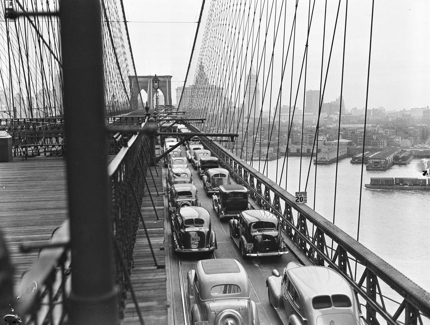 Elevated View Of Automobile Traffic On The Brooklyn Bridge, Manhattan, 1940