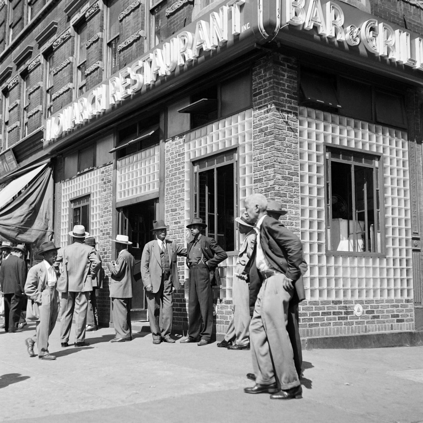 African American Men Stand In Front Of A Restaurant In Harlem, Manhattan, 1946
