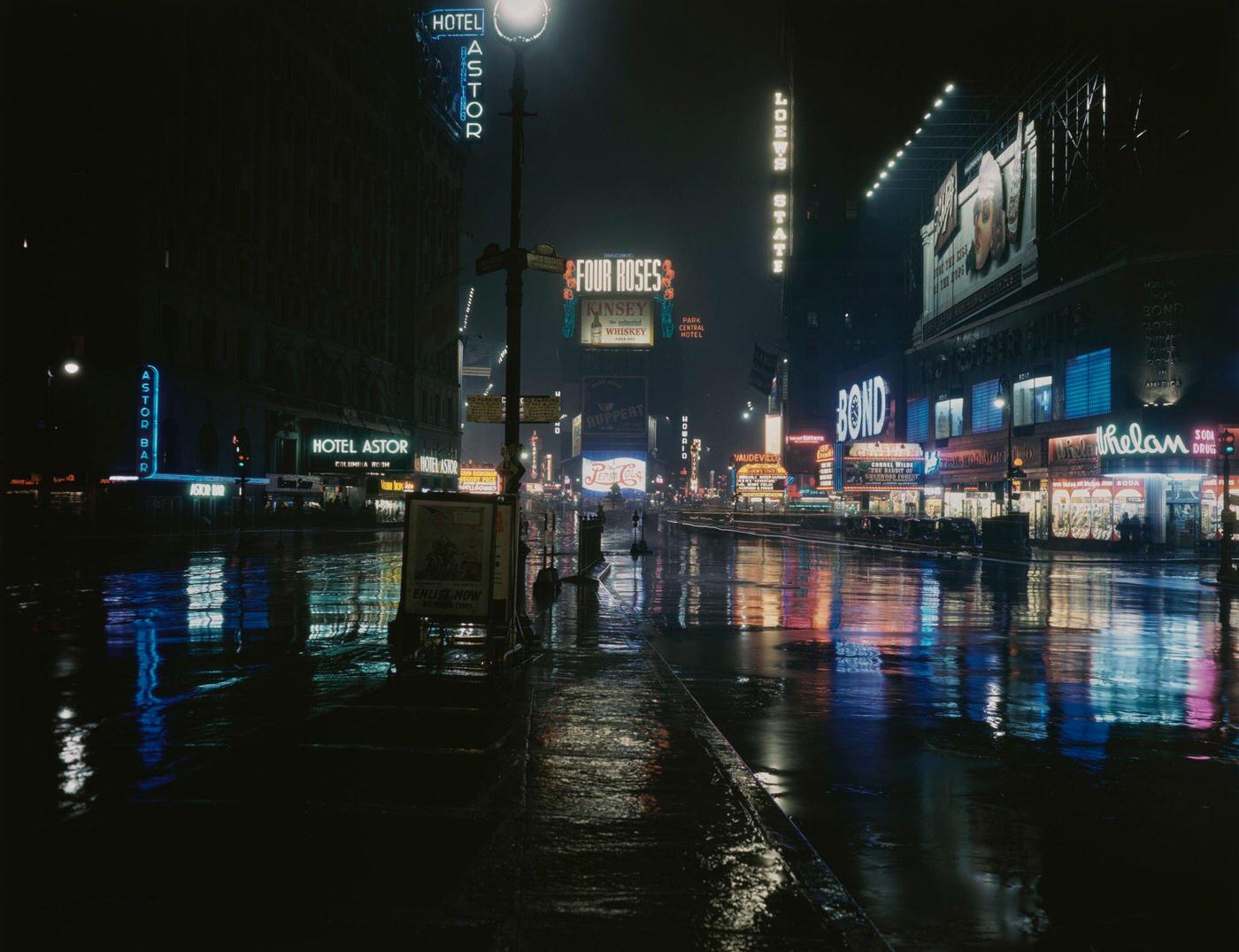 Broadway At Night, Illuminated Times Square, Manhattan, 1946