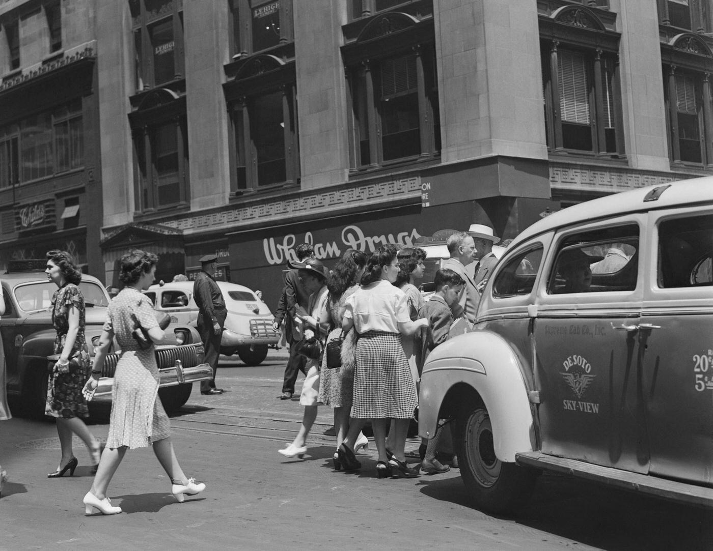Whelan Drugs Store And A Desoto Sky-View Taxicab On 42Nd Street In Manhattan, 1940.