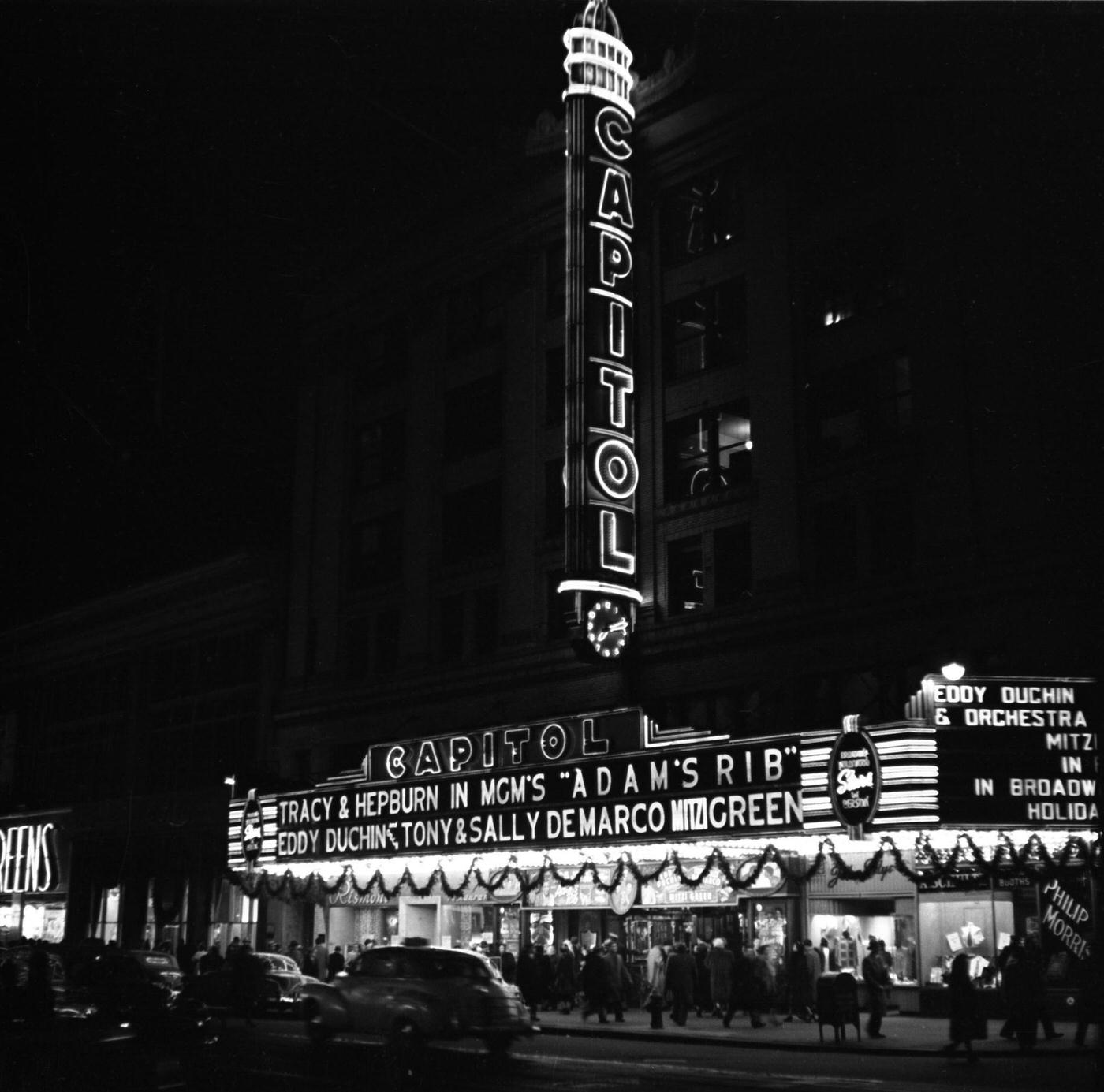 Capitol Theater Marquee On Broadway Reads &Amp;Quot;Tracy And Hepburn In Mgm'S 'Adam'S Rib'&Amp;Quot;, Manhattan, 1949.