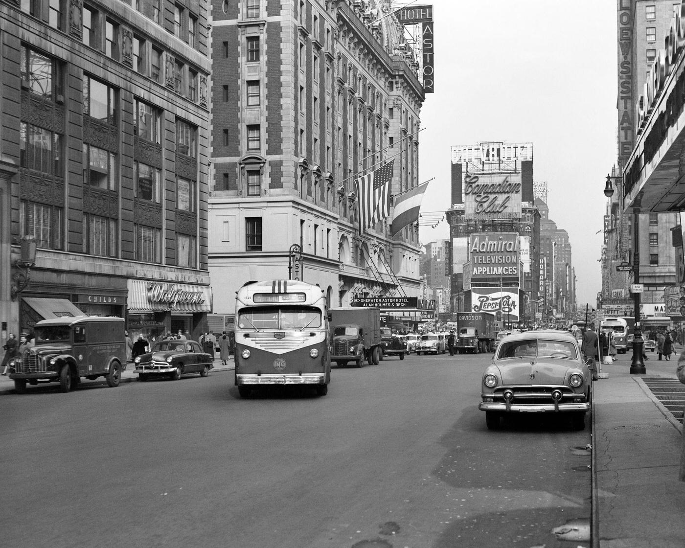 Times Square Traffic Broadway Bus Looking North To Duffy Square From West 44Th Street, Manhattan, 1950S