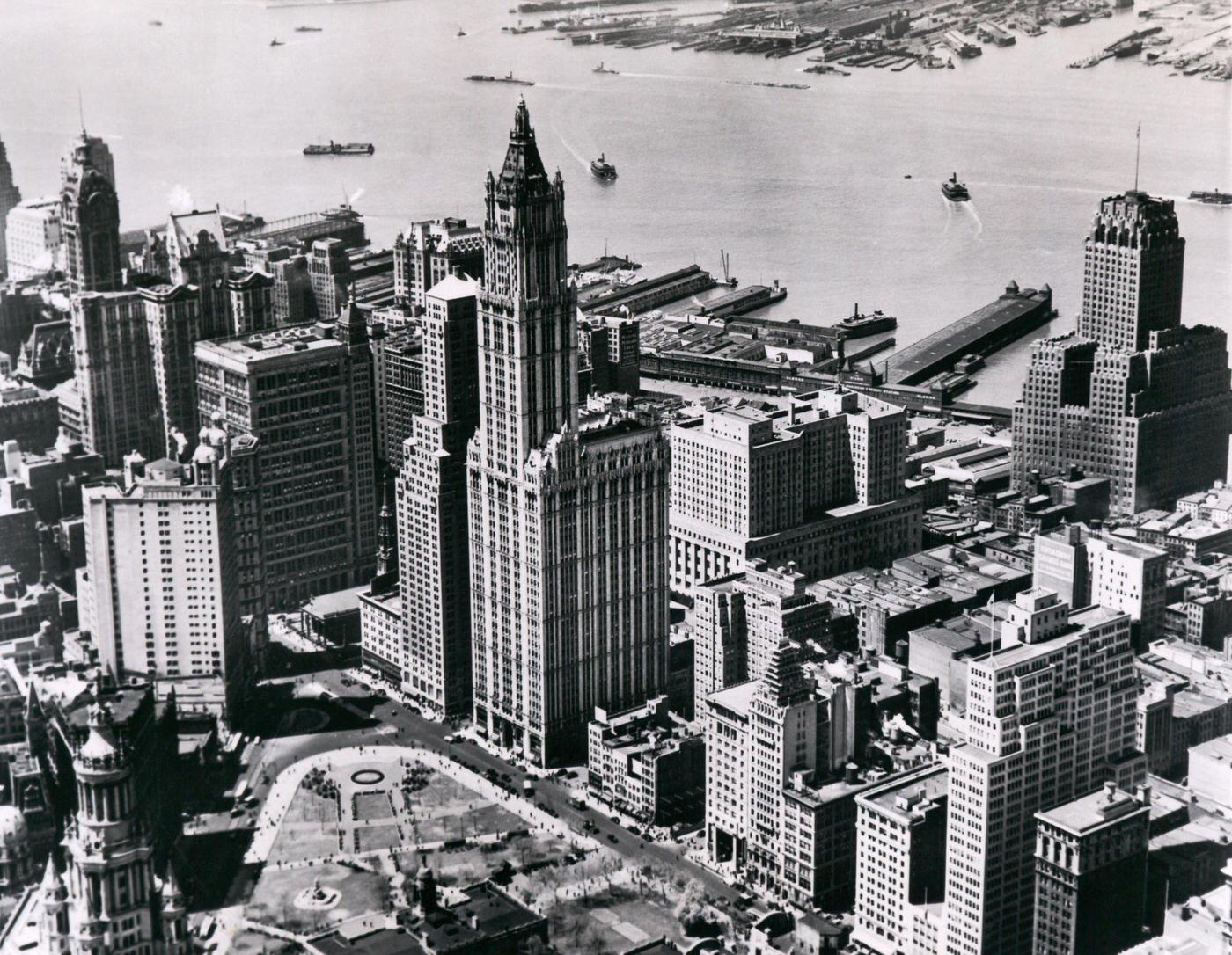 Woolworth Building &Amp;Amp; Lower Manhattan: Aerial View Of Lower Manhattan And The Woolworth Building, Manhattan, 1953.