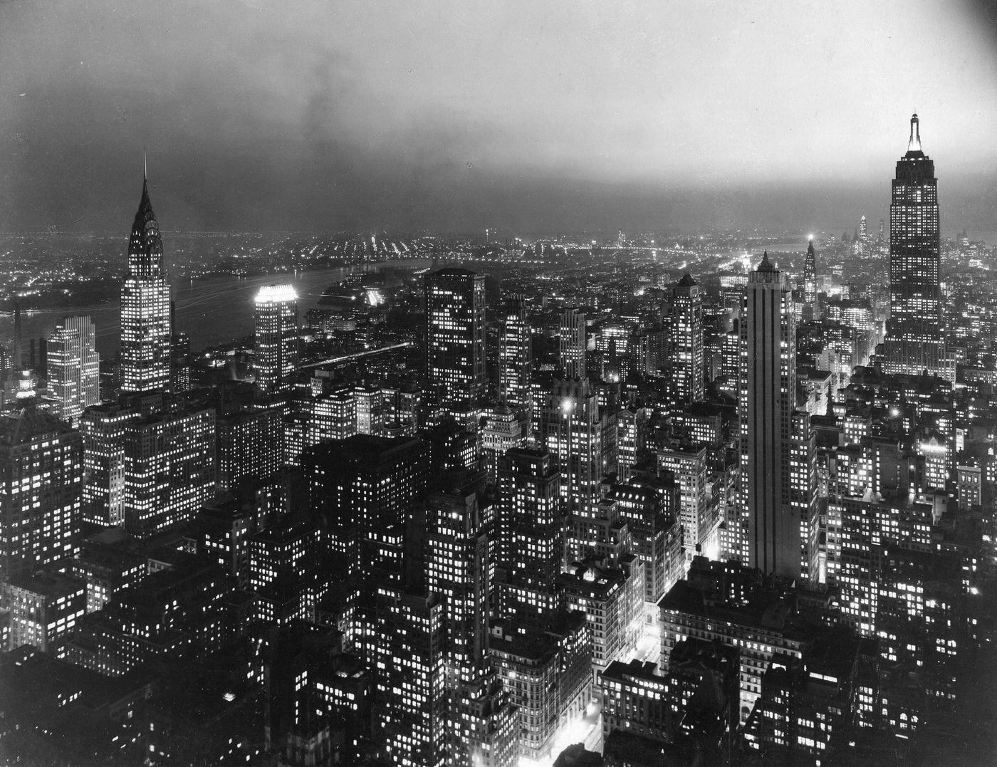 New York At Night With Empire State Building At Right And Chrysler Building At Left, Manhattan, 1950