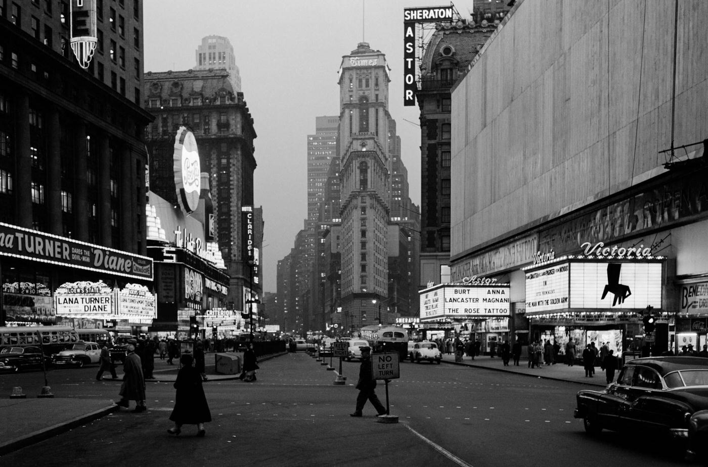 Night Times Square Looking South From Duffy Square To Ny Times Building, Manhattan, 1950S