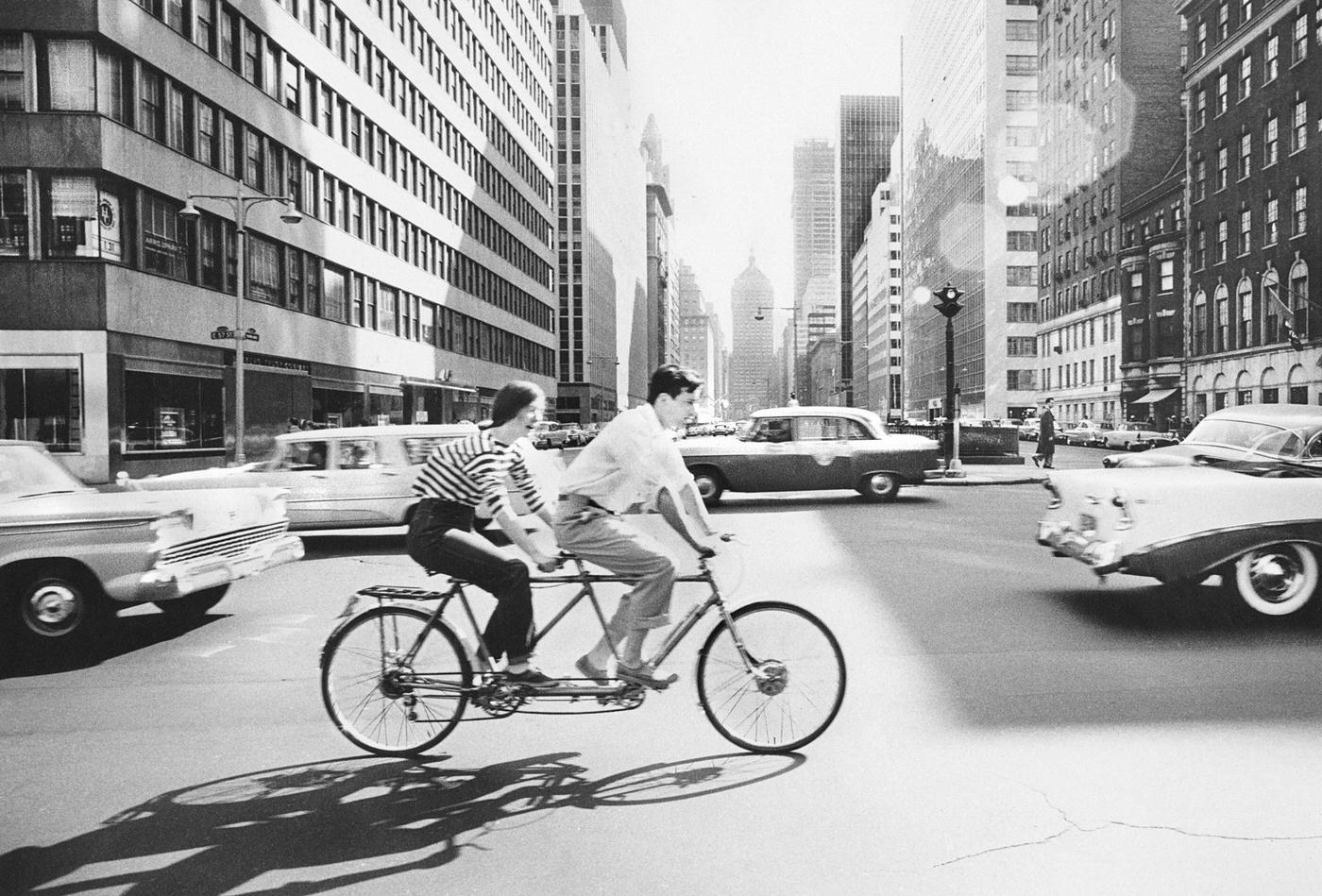 Couple Riding Tandem Bicycle, Park Avenue And 57Th Street, Manhattan, 1959