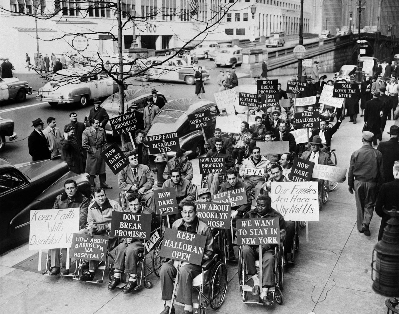 American War Invalids In Wheelchairs Protest Against The Early Closure Of Halloran Hospital On Park Avenue, Manhattan, 1951
