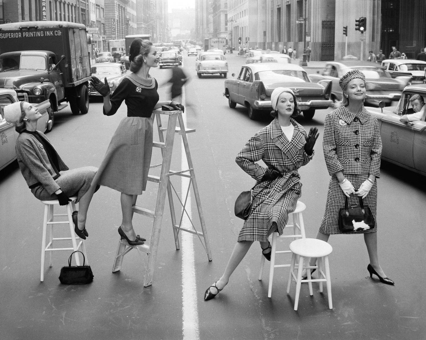 Models On Park Avenue: American Models Pose Amid Traffic On Park Avenue, Manhattan, 1958.