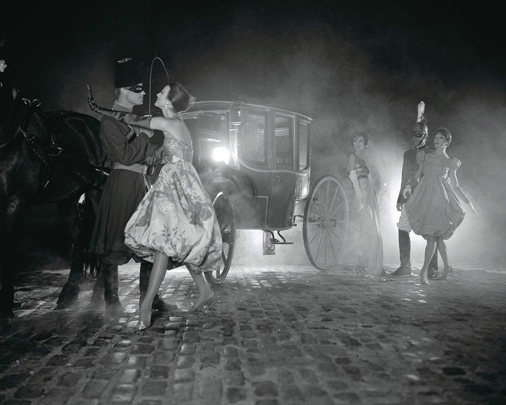 A Stagecoach At Night: Models Pose By A Horse And Carriage Outside Central Park'S Tavern On The Green, Manhattan, 1958.