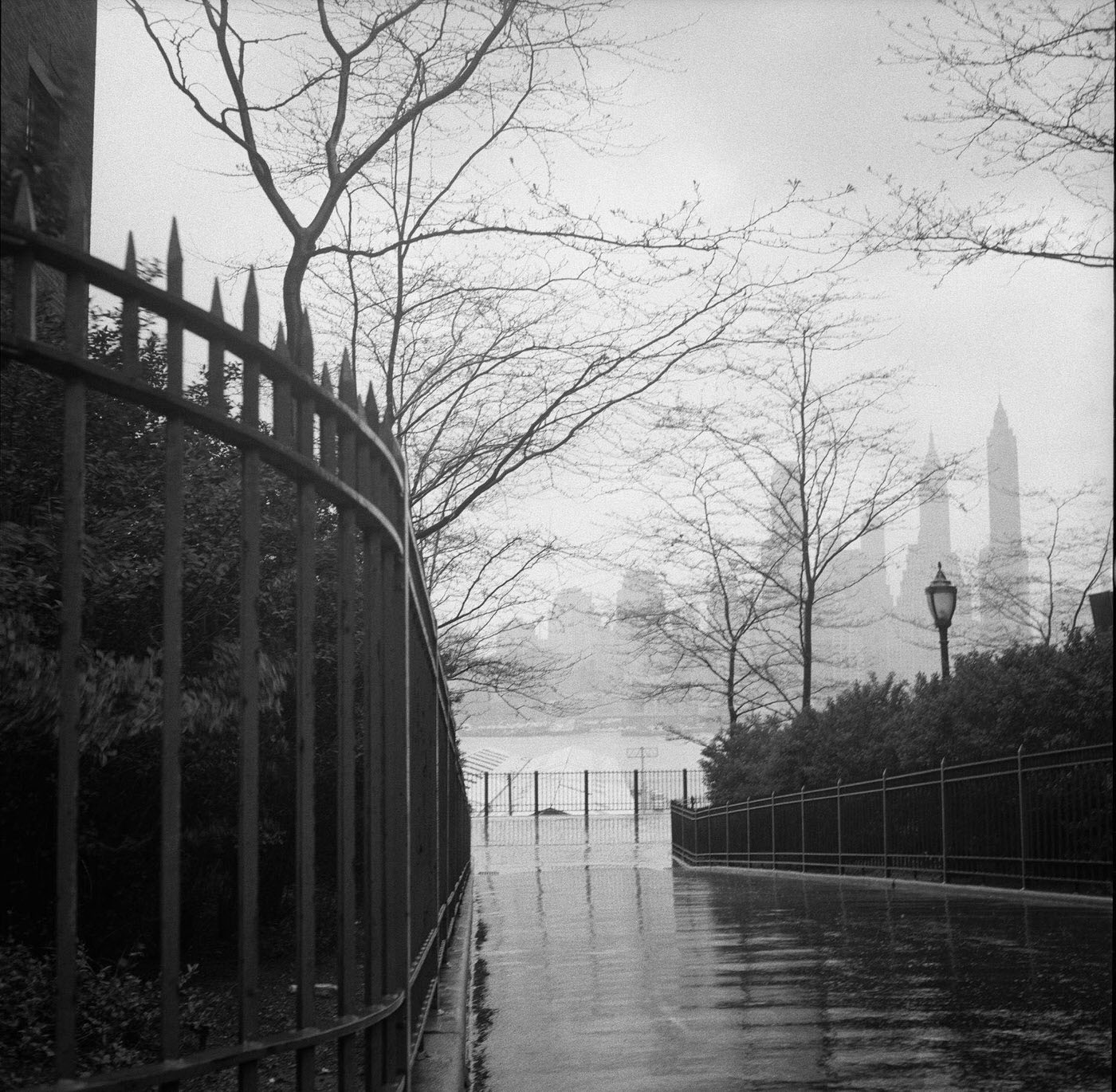 Brooklyn Heights Promenade In The Rain, With View Of Manhattan Skyline, Manhattan, 1958
