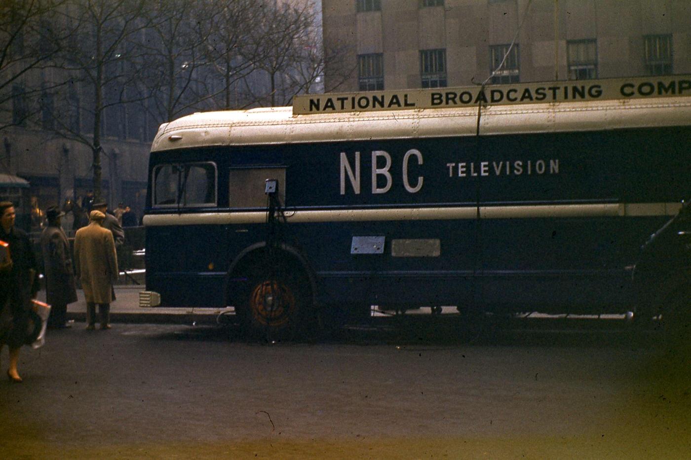 Nbc Television Remote Broadcasting Bus Parked Outside Rockefeller Center Plaza, Midtown Manhattan, 1955