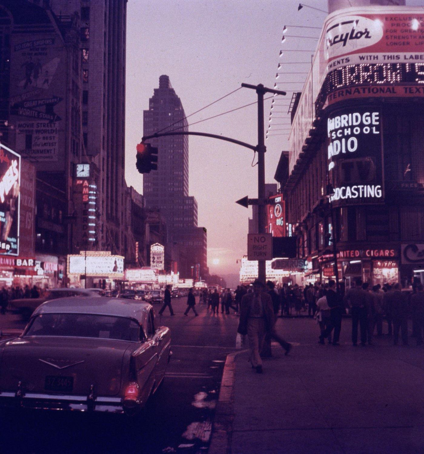 Street Scene Of Times Square With Neon Movie Theater Marquees, Manhattan, 1957