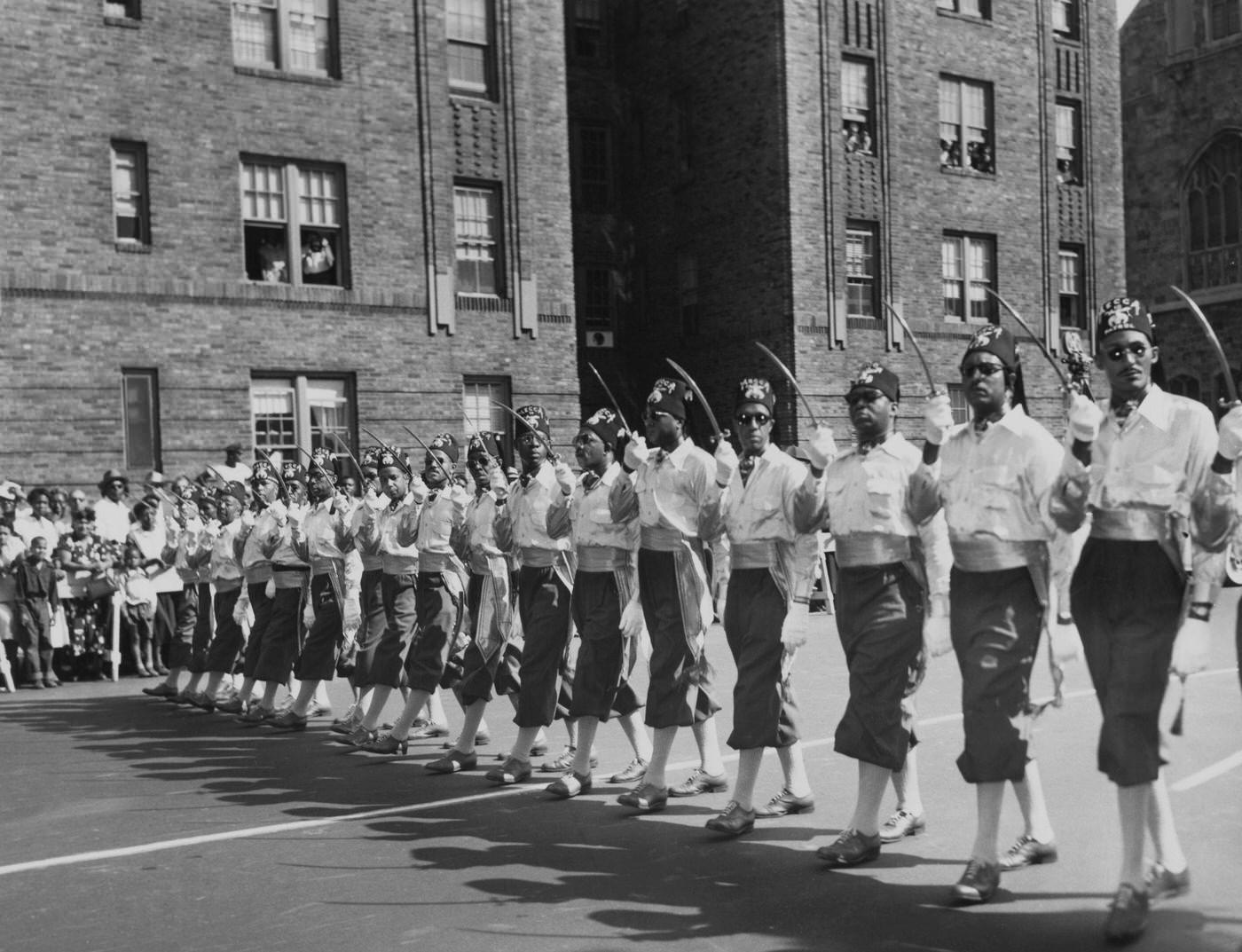 Shriners Manhattan Parade: Members Marching Along St Nicholas Avenue, Manhattan, 1951