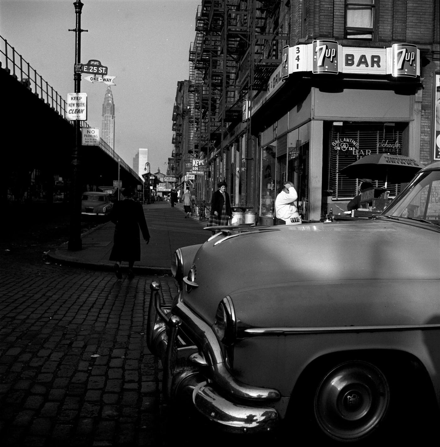 Looking Uptown In The Shadow Of The El: View Over Oldsmobile And Chrysler Building, Manhattan, 1954