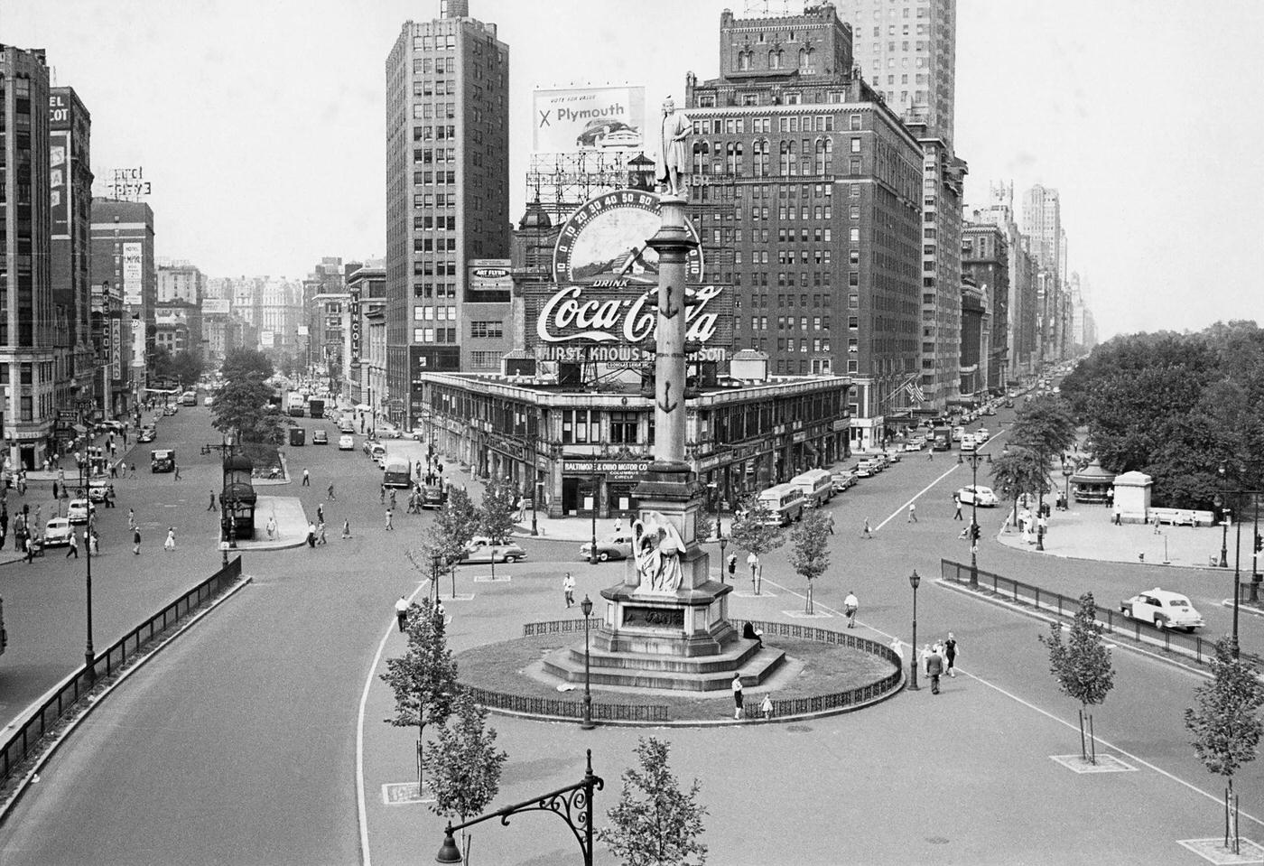 Columbus Circle Looking North, Broadway On Left, Central Park West On Right, Manhattan, 1952