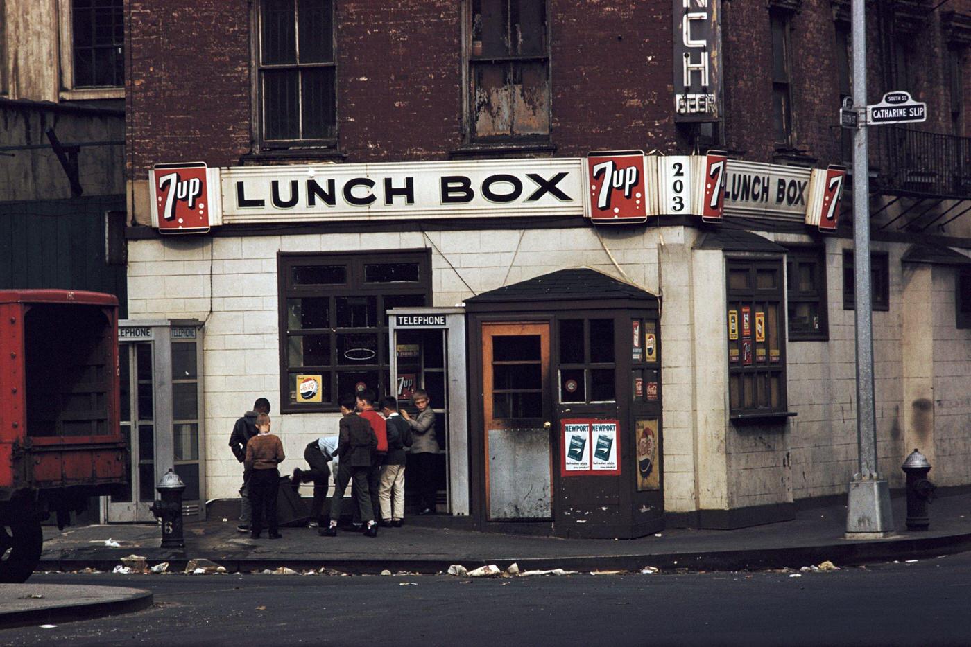 Group Of Boys Outside The Lunch Box Diner, Lower Manhattan, 1952.