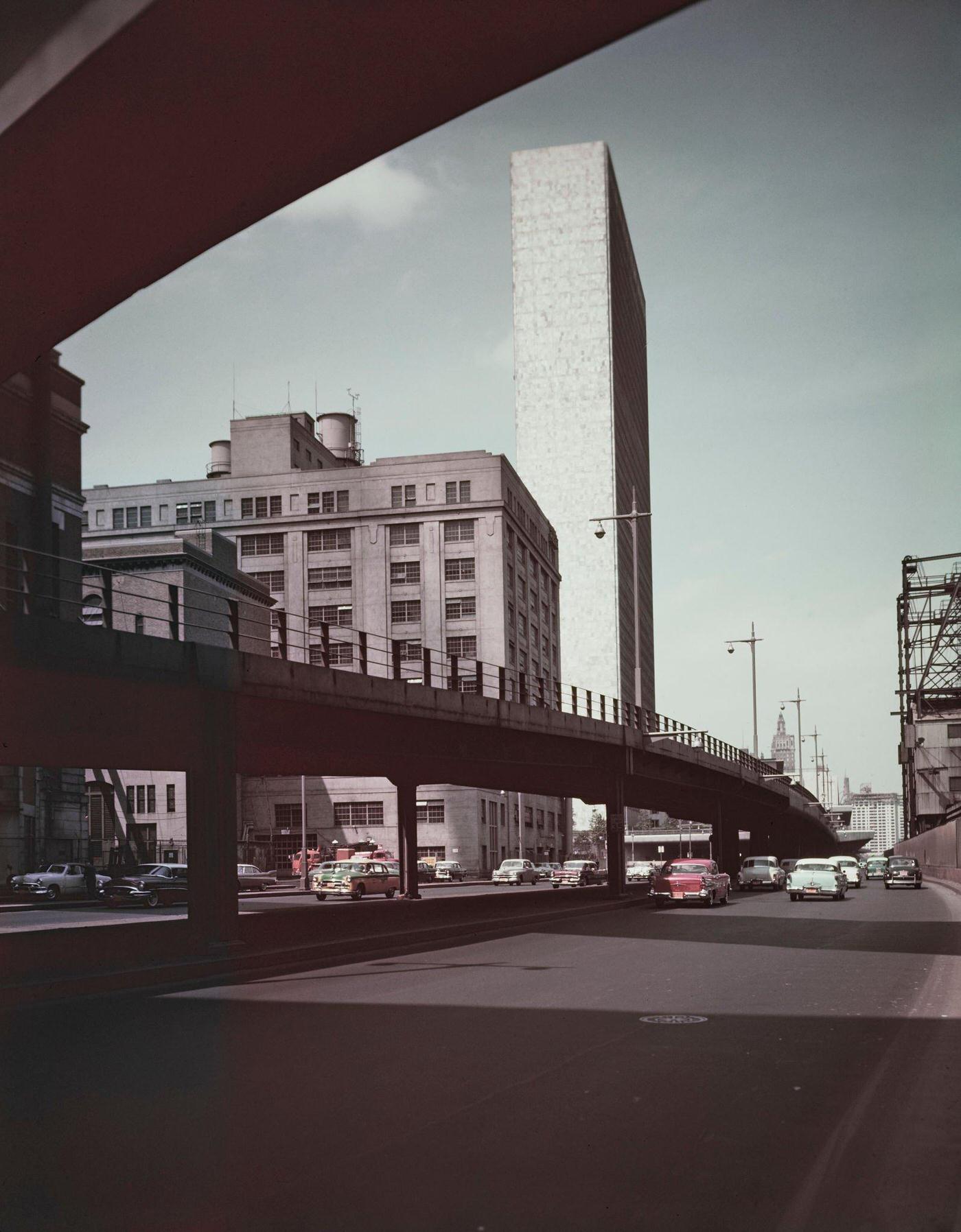 View Of United Nations Secretariat Building, Fdr East River Drive, Midtown Manhattan, 1955.