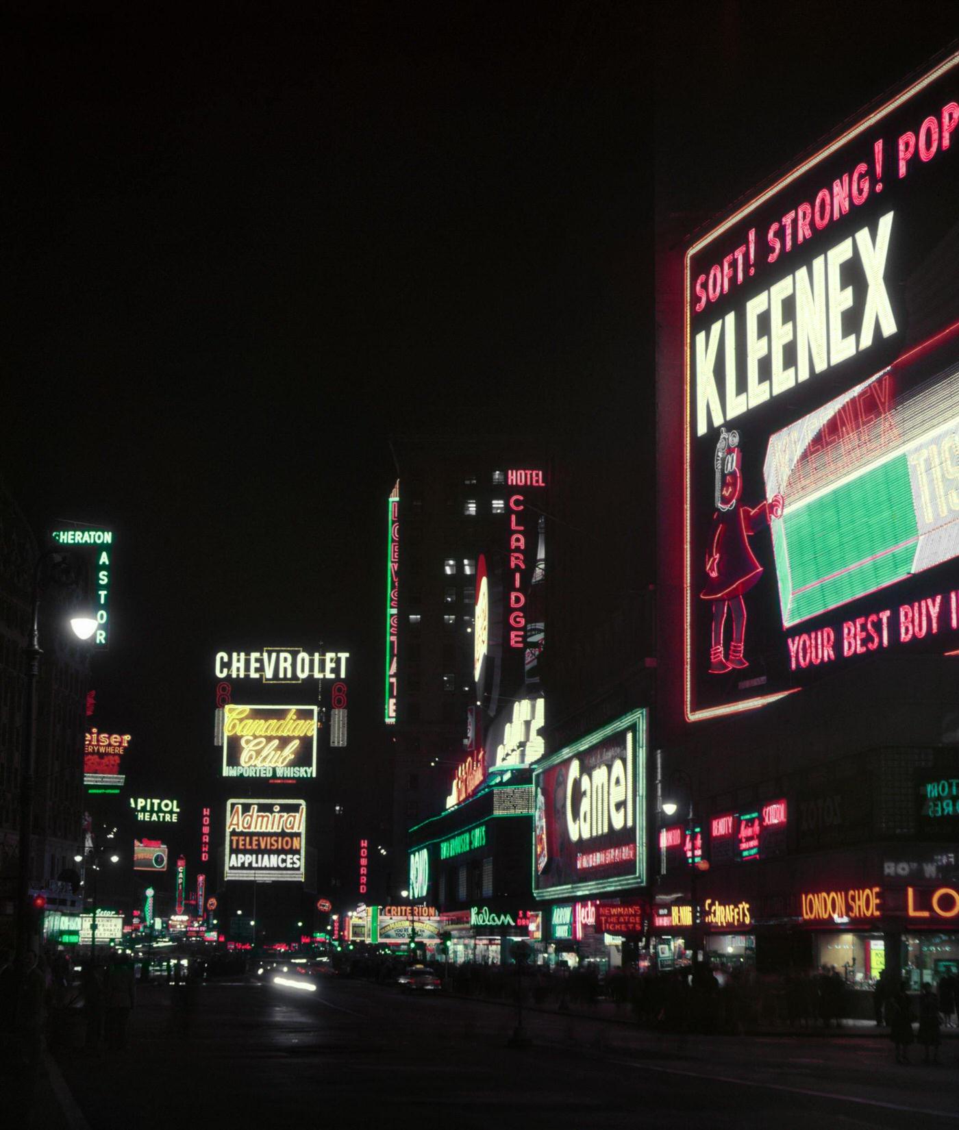 Times Square At Night, Neon Lights And Ads, Manhattan, 1950S.